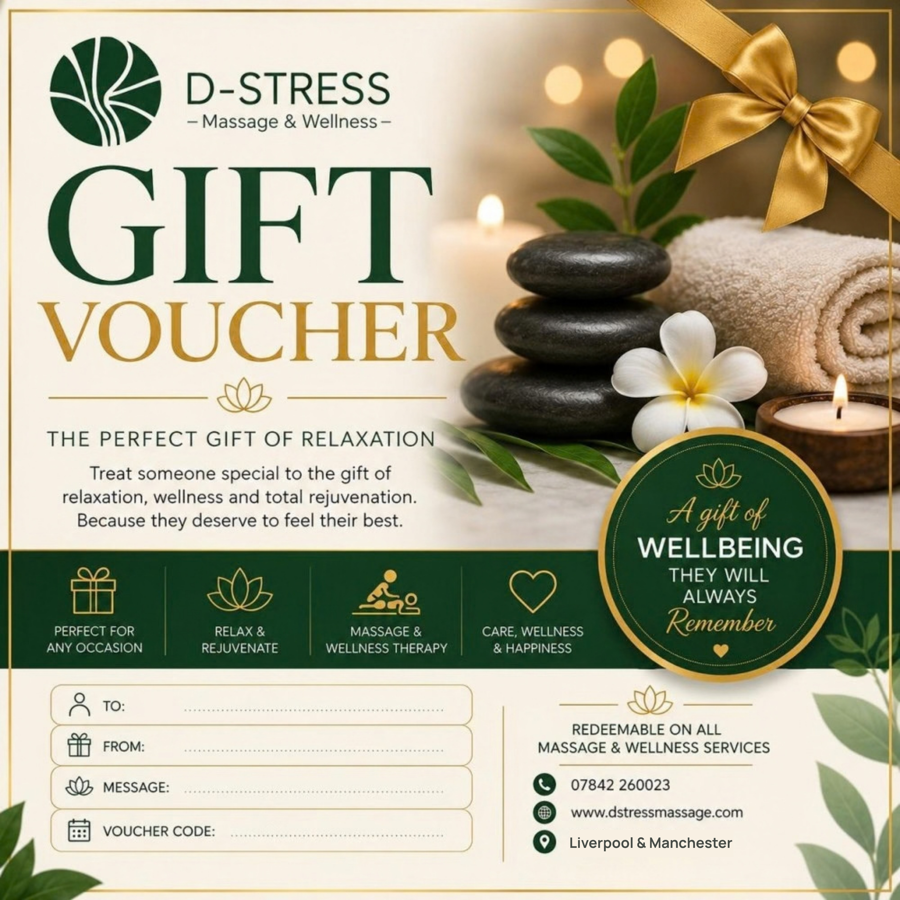D-Stress gift voucher artwork with a green and gold design