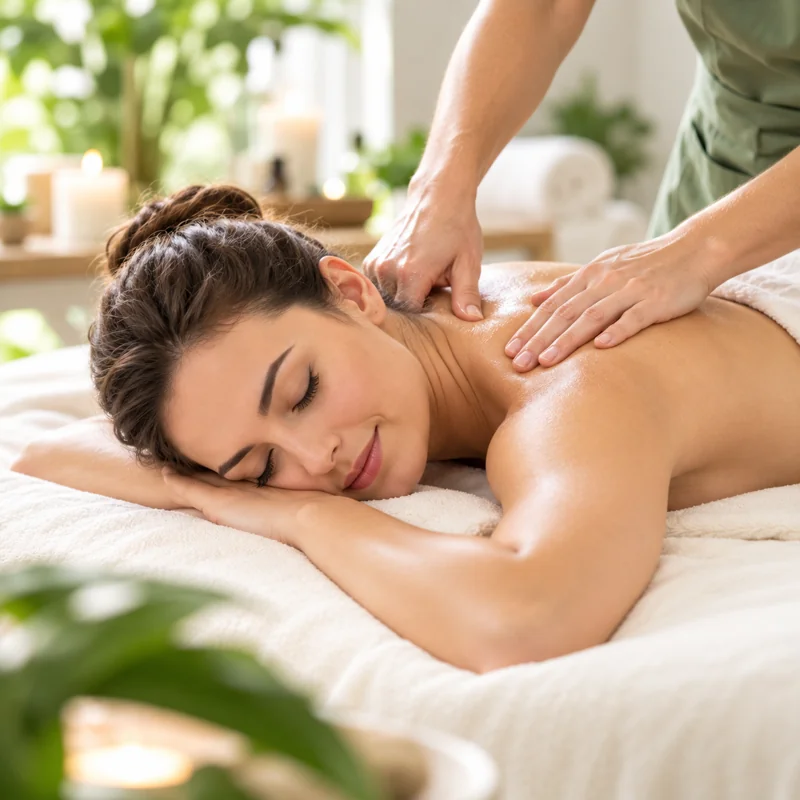 Therapist performing a focused neck and shoulder massage for a client
