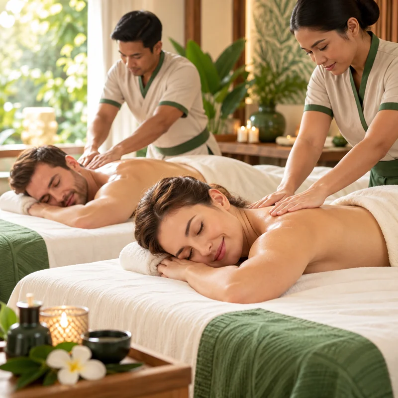 Two clients receiving side-by-side massages in a calm treatment room