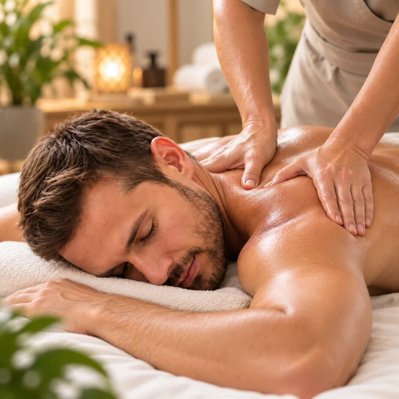 Deep tissue massage therapist applying firm pressure to a client's upper back