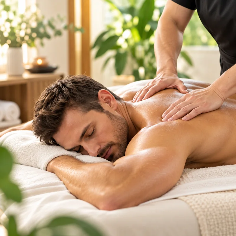 Sports massage therapist treating an active client's muscles during a professional massage session