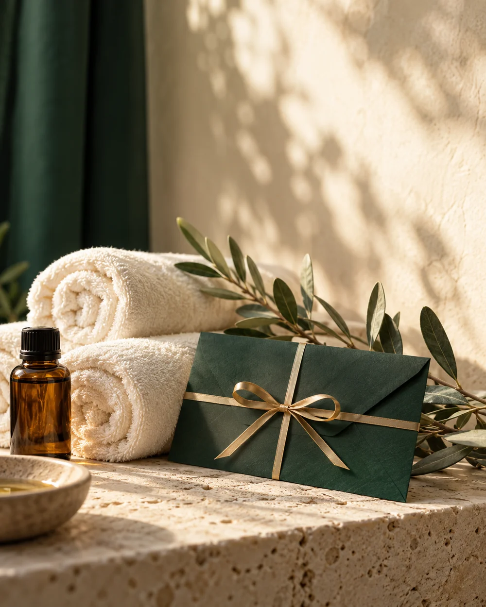 A forest-green gift envelope with gold ribbon beside soft towels and massage oil
